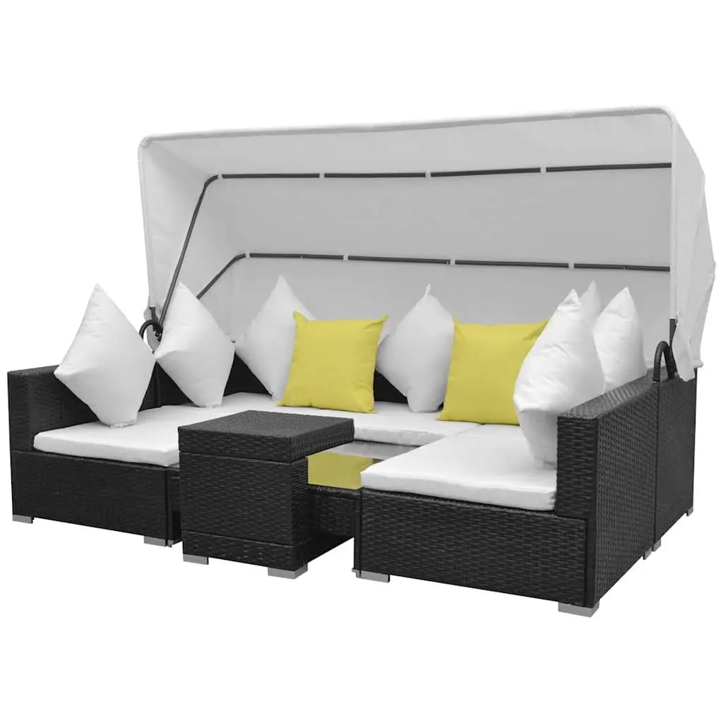 7 Piece Garden Lounge Set Outdoor Rattan Sofa with Canopy Black Modular Patio