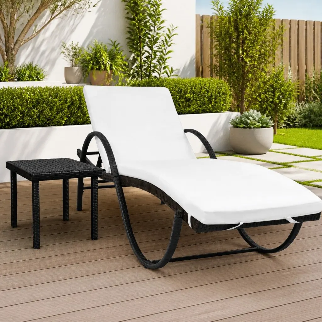 Sun Lounger Set for Outdoor Garden Black with Cushion and Side Table