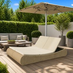 Beige Poly Rattan Chaise Longue for Two Persons