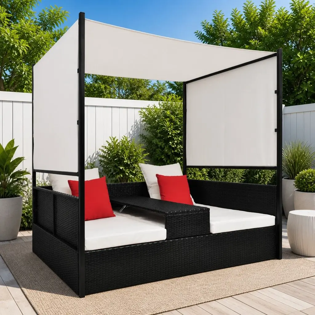 Garden Day Bed with Adjustable Canopy Black Outdoor Rattan Lounger 190x130cm