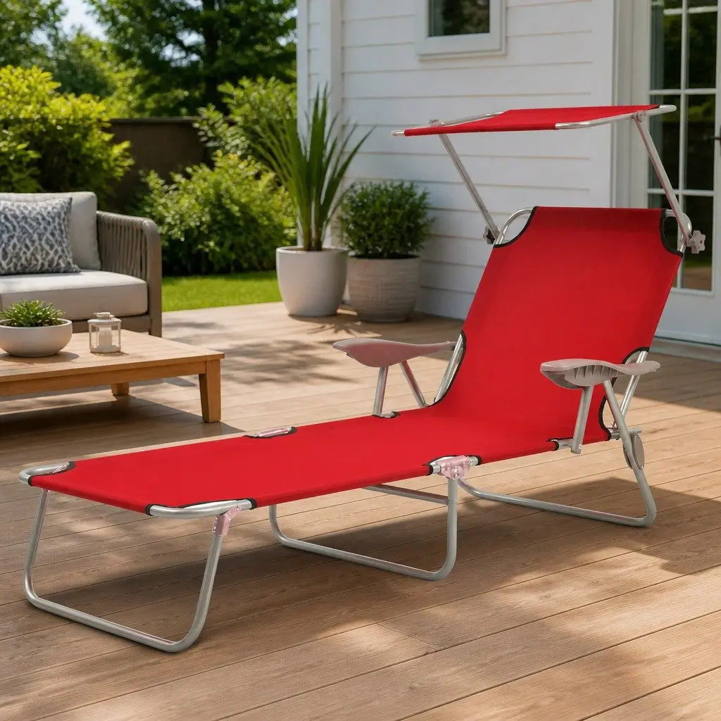 Sun Lounger Outdoor Red Adjustable Canopy Foldable Chair