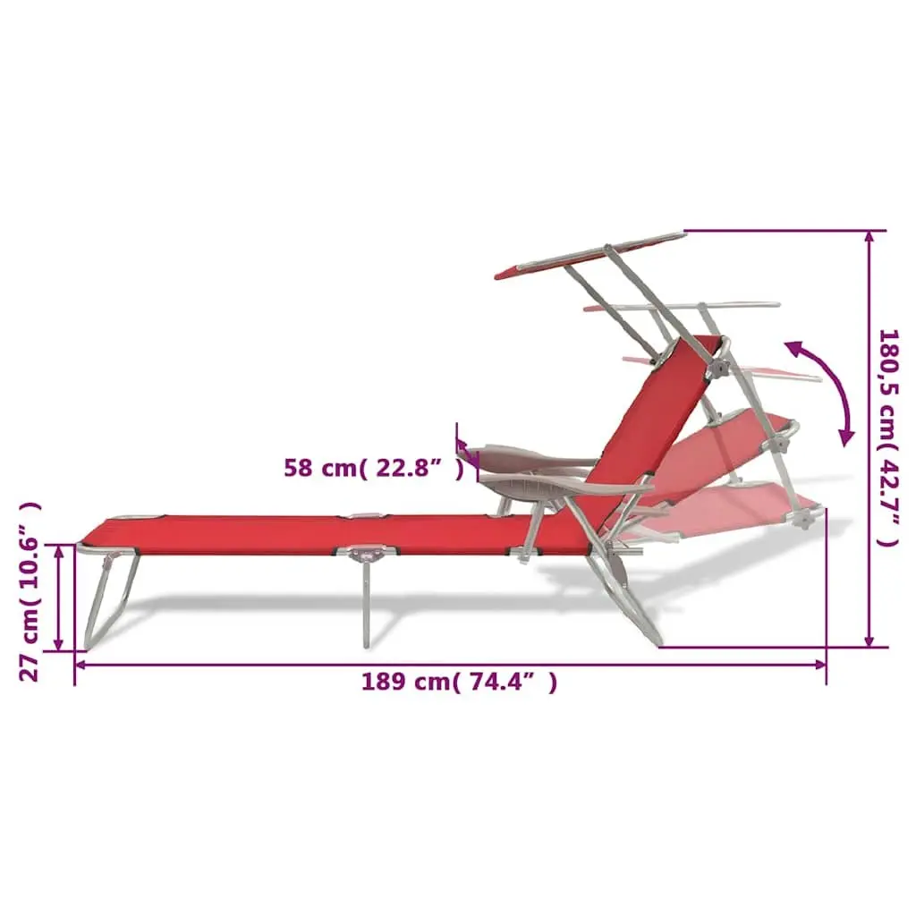 Sun Lounger Outdoor Red Adjustable Canopy Foldable Chair