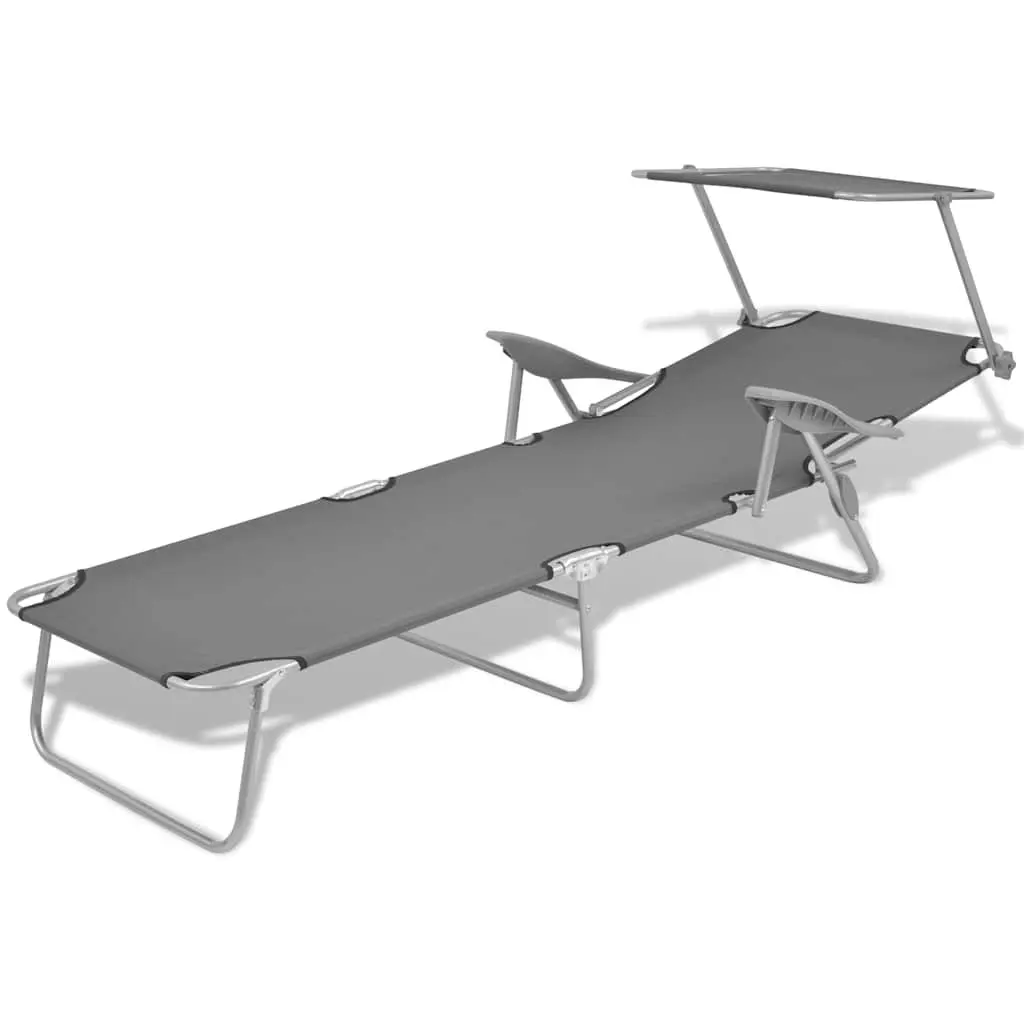 Sun Lounger with Adjustable Canopy Foldable Beach Lounge Chair Grey Outdoor