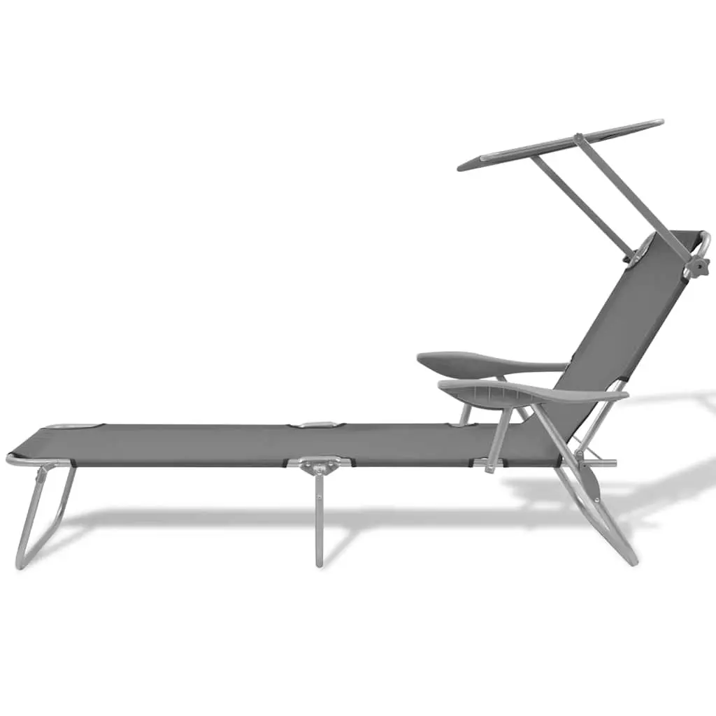 Sun Lounger with Adjustable Canopy Foldable Beach Lounge Chair Grey Outdoor