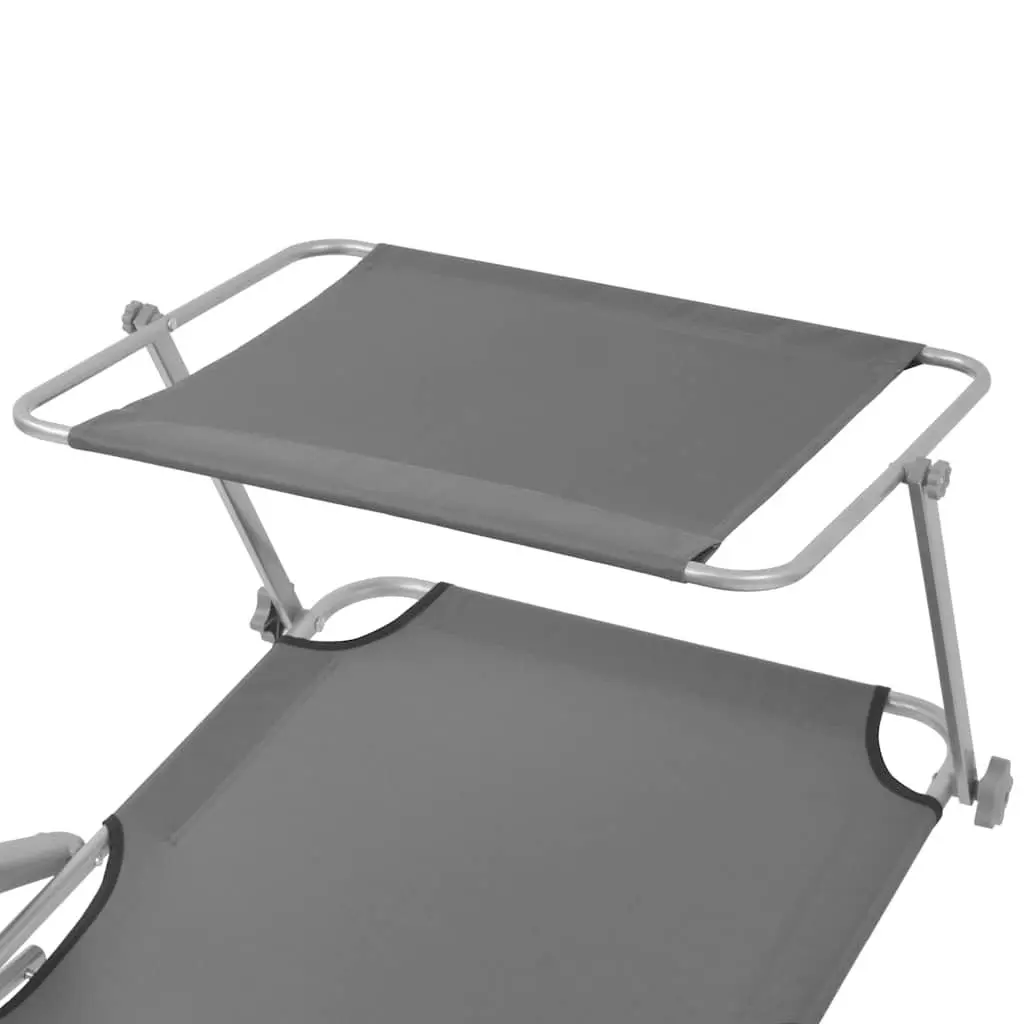 Sun Lounger with Adjustable Canopy Foldable Beach Lounge Chair Grey Outdoor