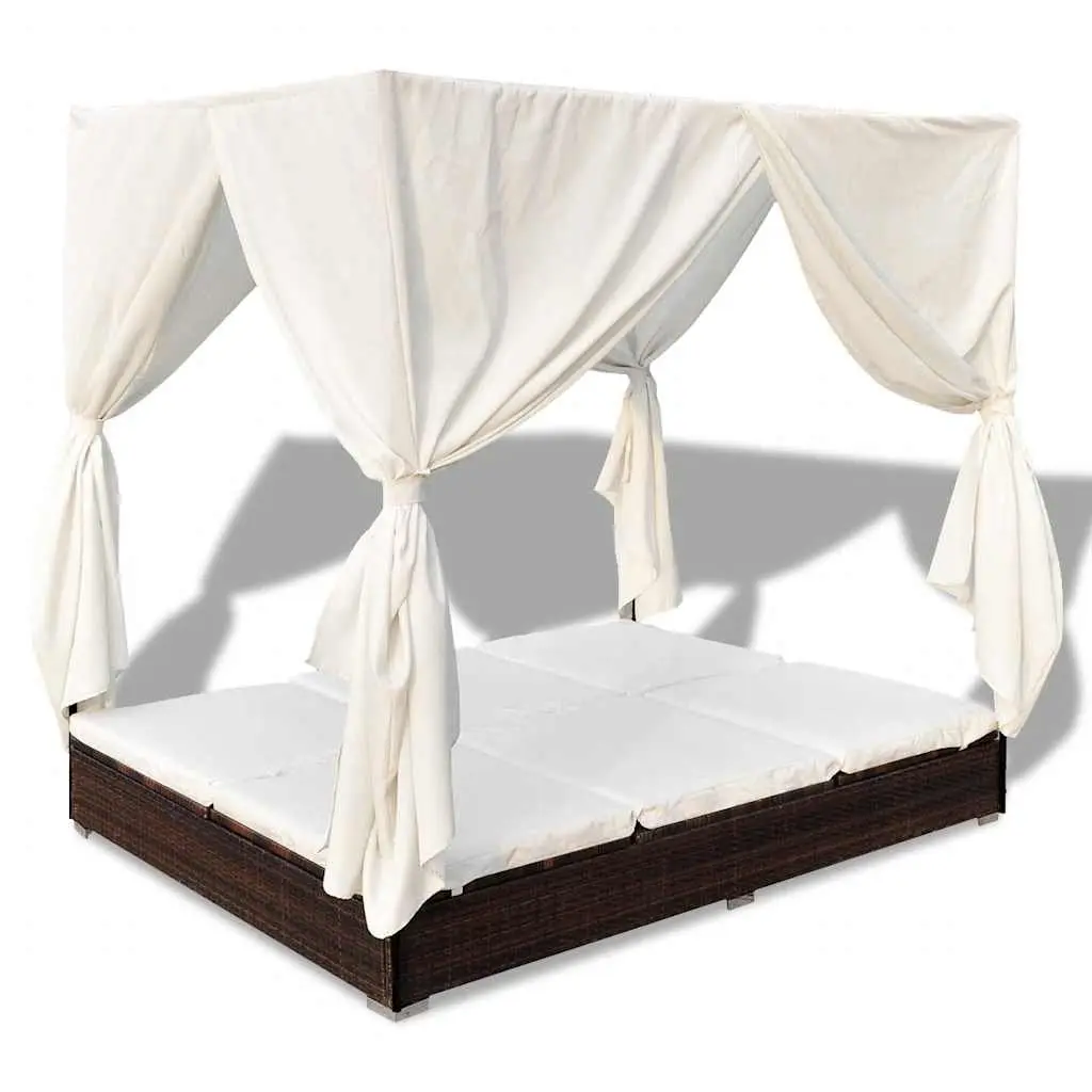 Outdoor Lounge Bed for 2 People Brown Poly Rattan with Curtains
