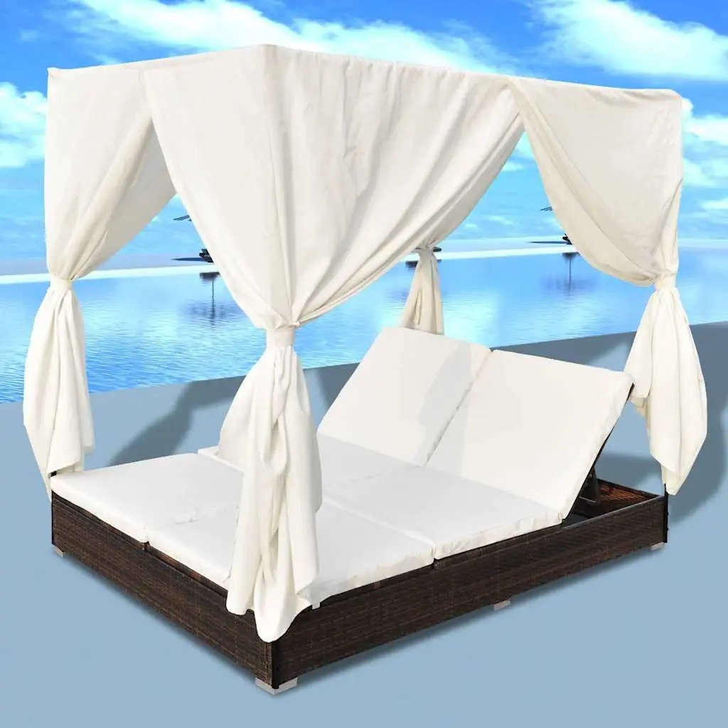 Outdoor Lounge Bed for 2 People Brown Poly Rattan with Curtains