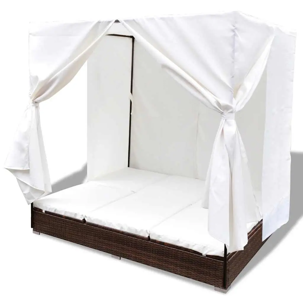 Outdoor Lounge Bed for 2 People Brown Poly Rattan with Curtains