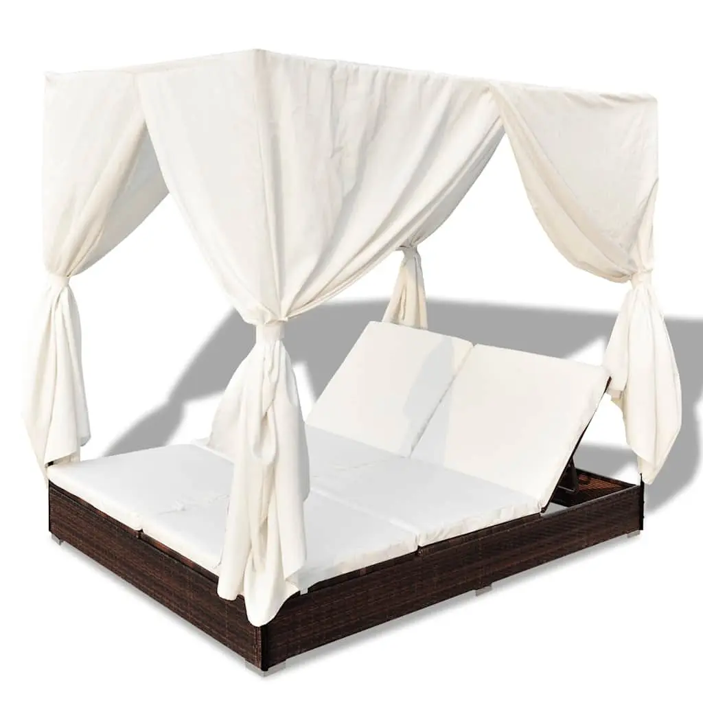 Outdoor Lounge Bed for 2 People Brown Poly Rattan with Curtains