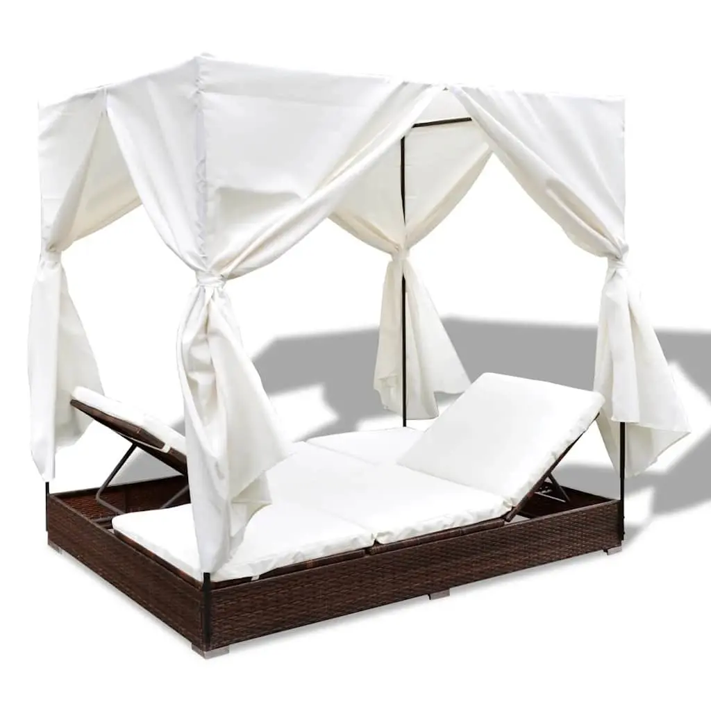 Outdoor Lounge Bed for 2 People Brown Poly Rattan with Curtains