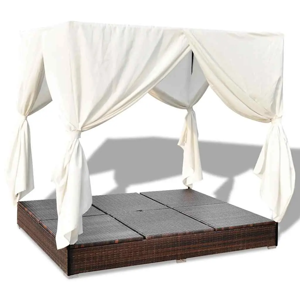Outdoor Lounge Bed for 2 People Brown Poly Rattan with Curtains