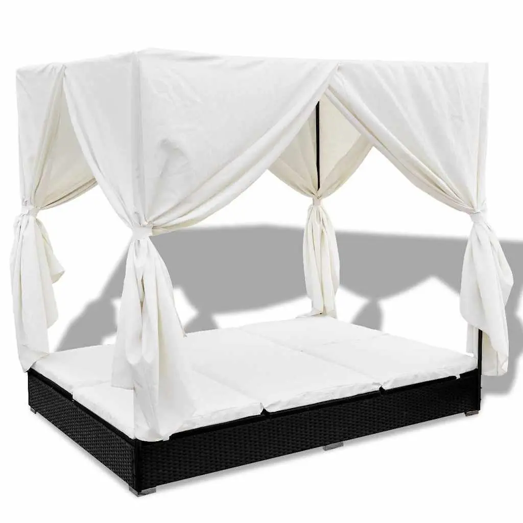 Outdoor Lounge Bed for 2 with Curtains Poly Rattan Daybed Sun Lounger