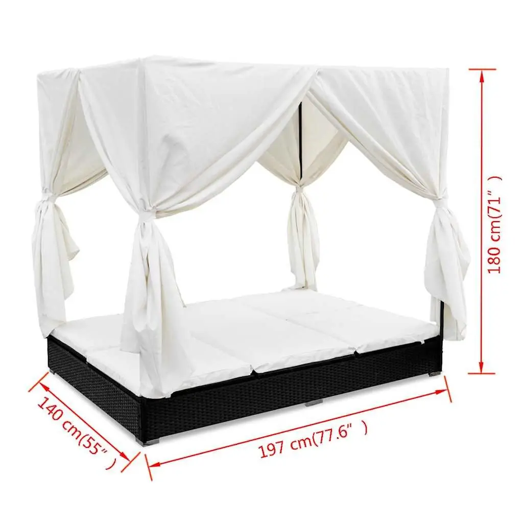 Outdoor Lounge Bed for 2 with Curtains Poly Rattan Daybed Sun Lounger