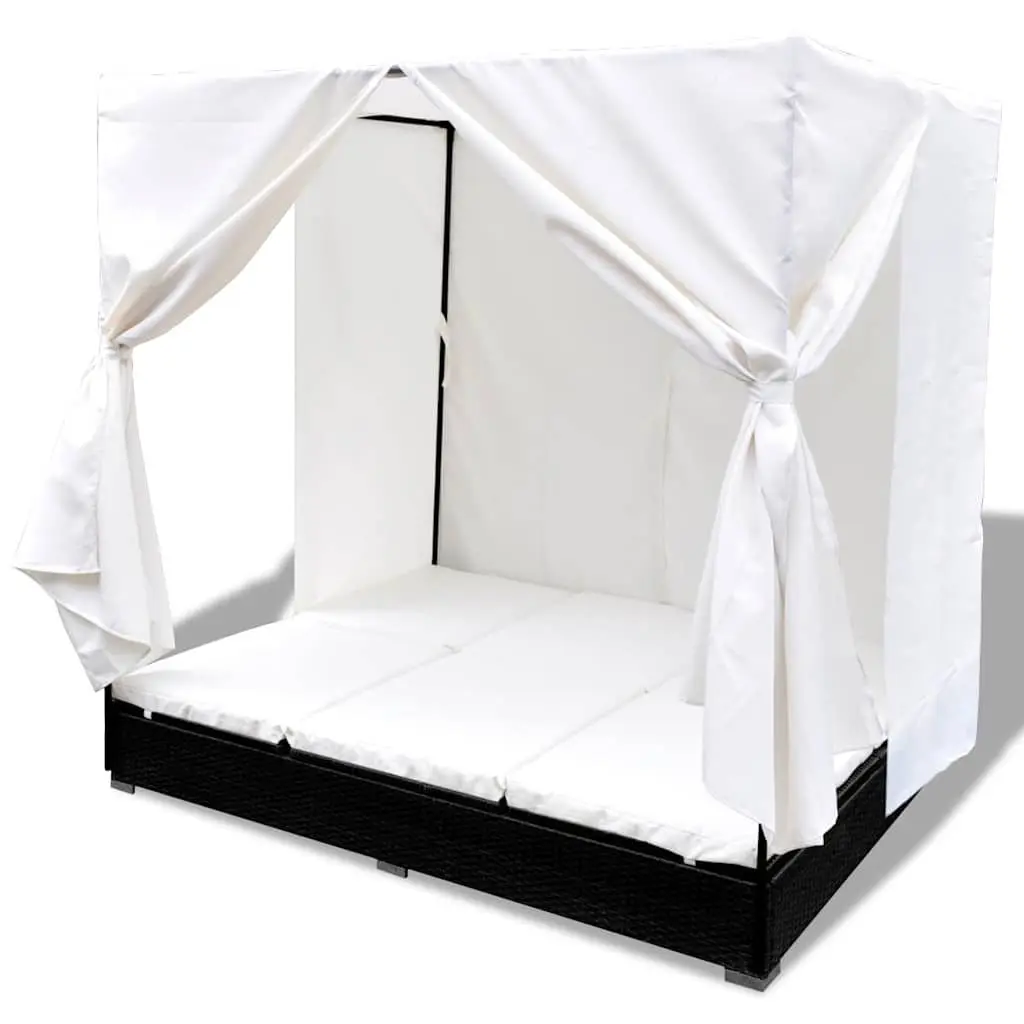 Outdoor Lounge Bed for 2 with Curtains Poly Rattan Daybed Sun Lounger