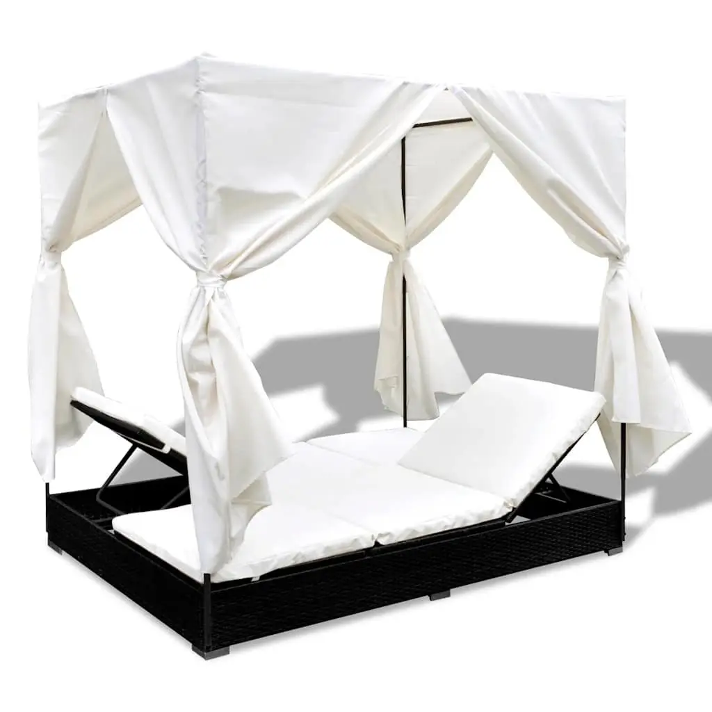 Outdoor Lounge Bed for 2 with Curtains Poly Rattan Daybed Sun Lounger
