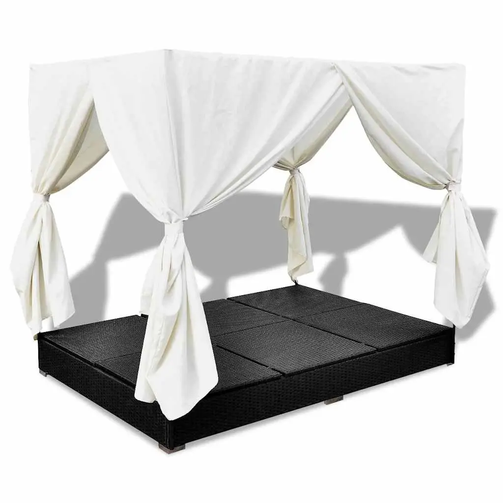 Outdoor Lounge Bed for 2 with Curtains Poly Rattan Daybed Sun Lounger