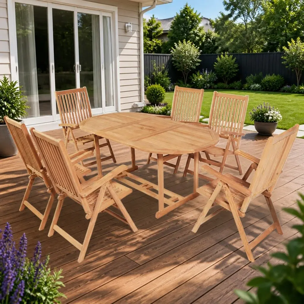 Outdoor Dining Set 7 Piece Teak Wood Table Folding Reclining Armchairs Garden