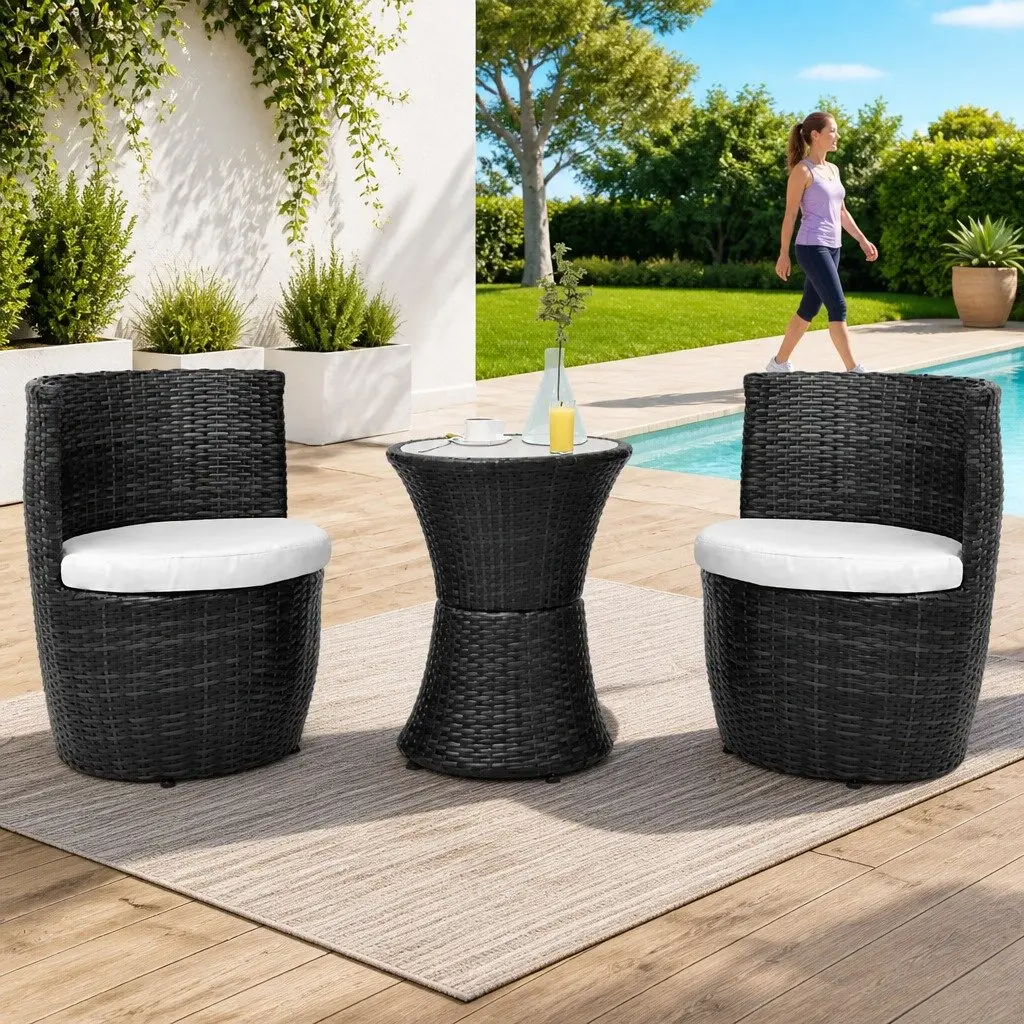Rattan Bistro Set for Garden Patio 3 Piece with Table and Chairs and Cushions
