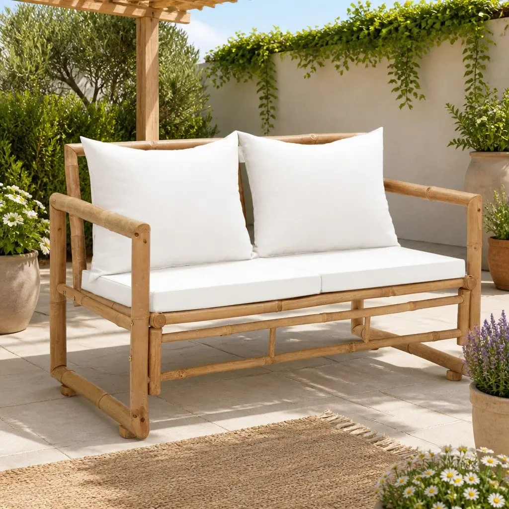 Bamboo Garden Bench Outdoor Sofa 2 Seater with Removable Cushions Brown