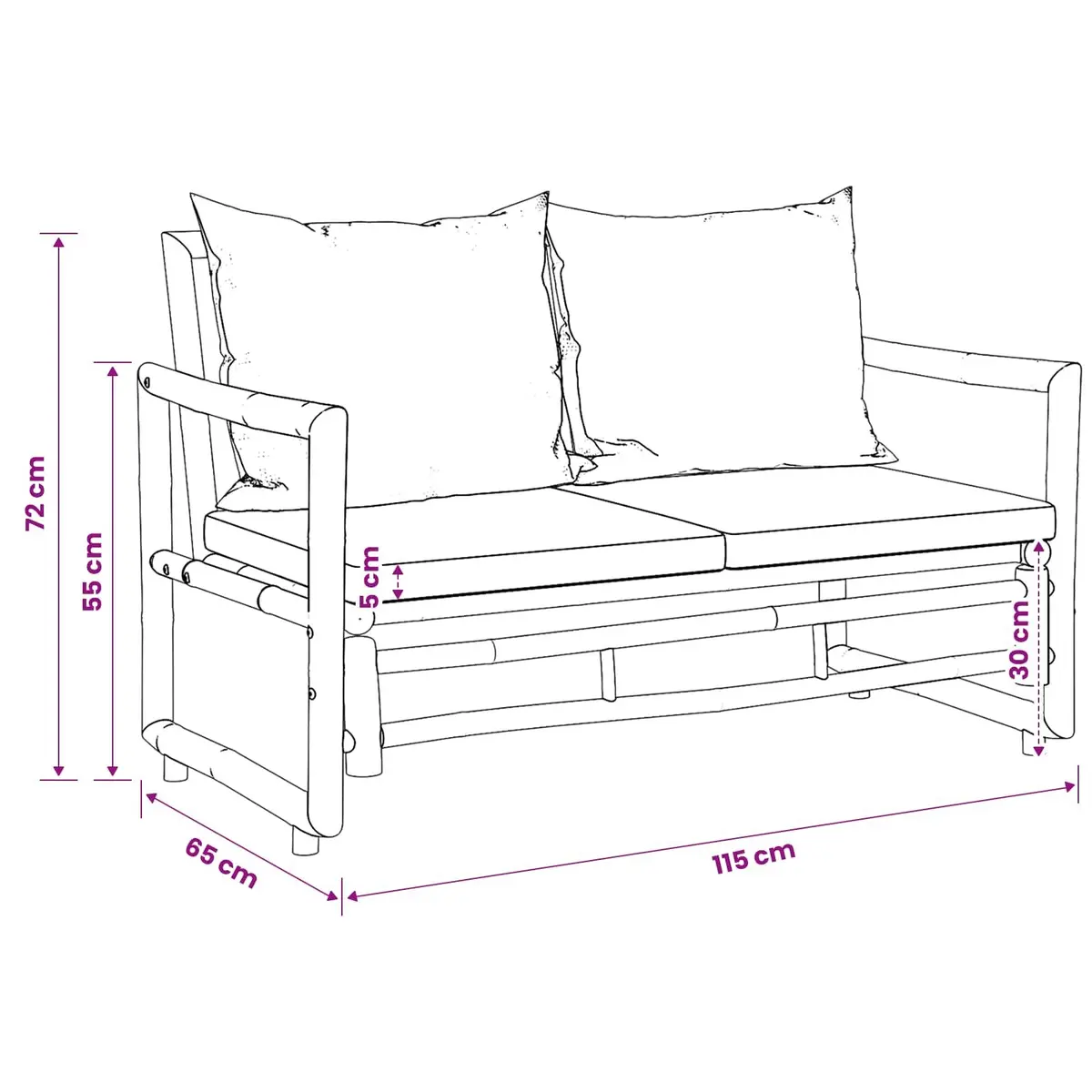 Bamboo Garden Bench Outdoor Sofa 2 Seater with Removable Cushions Brown