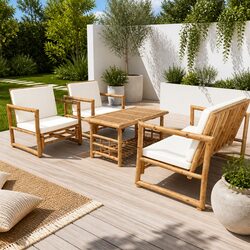 4 Piece Bamboo Outdoor Lounge Set with Bench and Cushions