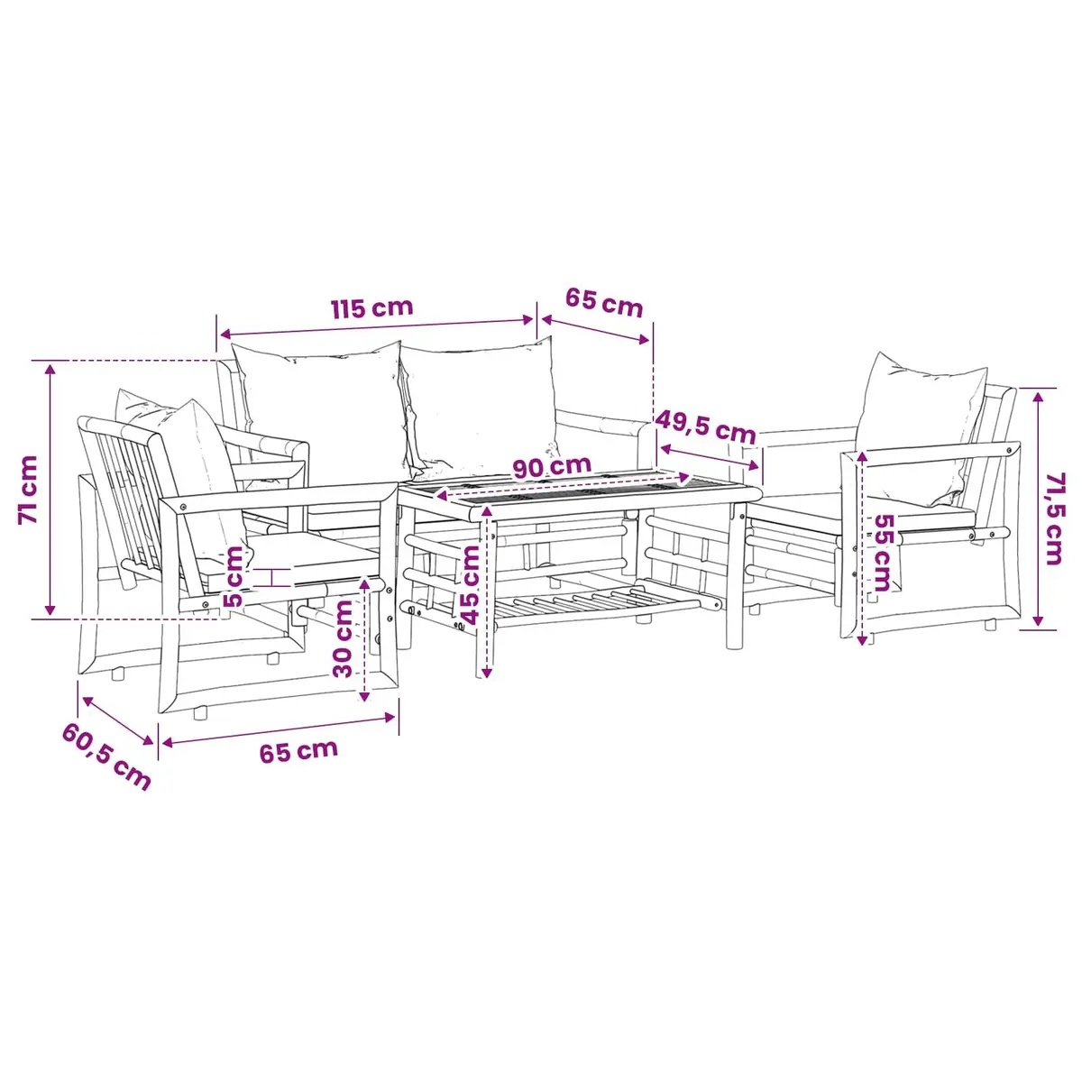 Bamboo Garden Lounge Set Outdoor Furniture 4 Piece with Cushions