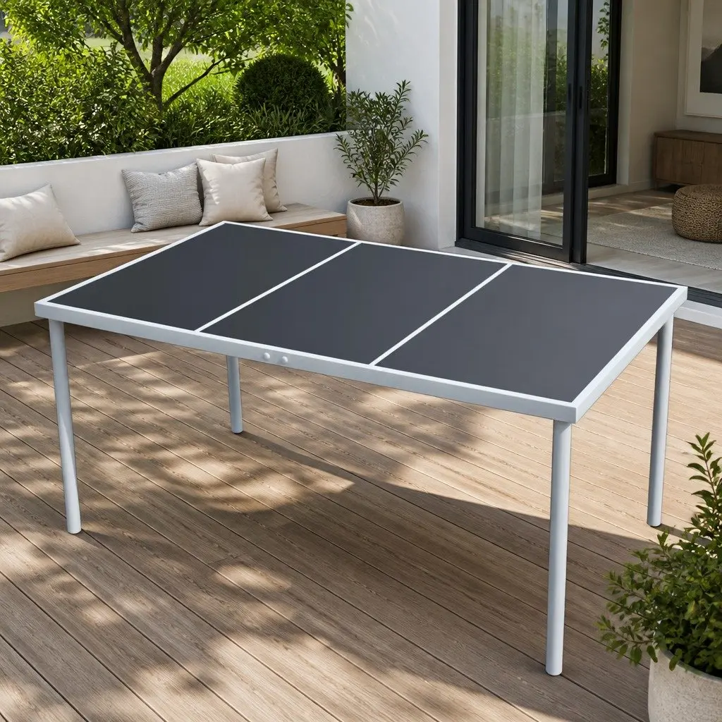 Outdoor Dining Table Garden Patio 150x90cm Glass Top Steel Legs Black
