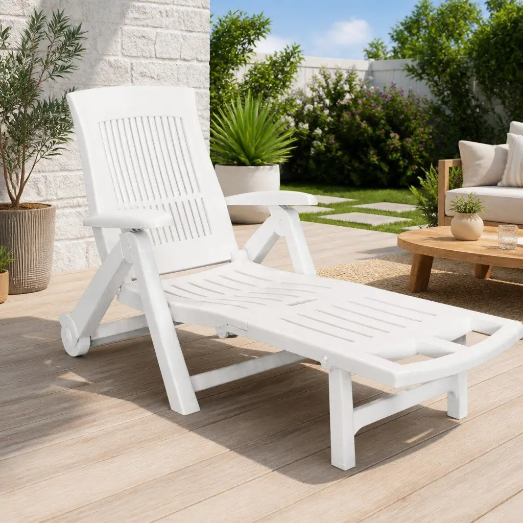 White Folding Sun Lounger with Adjustable Backrest