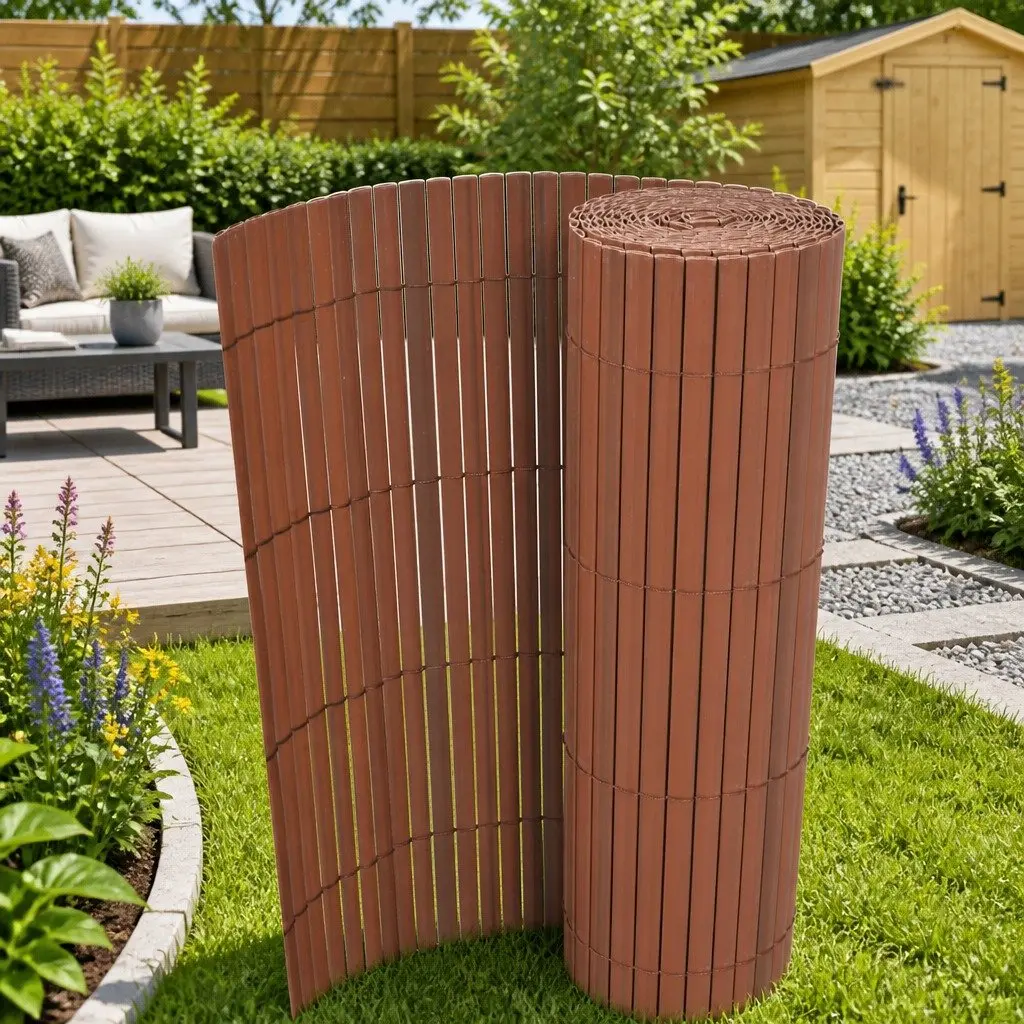 Double-Sided Garden Fence Panel PVC Brown Outdoor Privacy Screen 90 x 300 cm