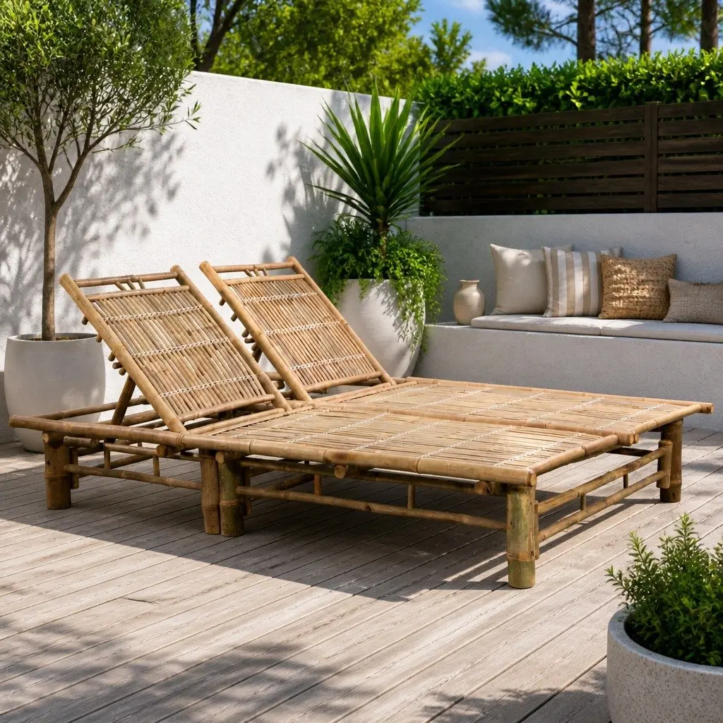 Bamboo Sun Lounger Outdoor Furniture for Garden Adjustable Backrest Seating for 2 Persons