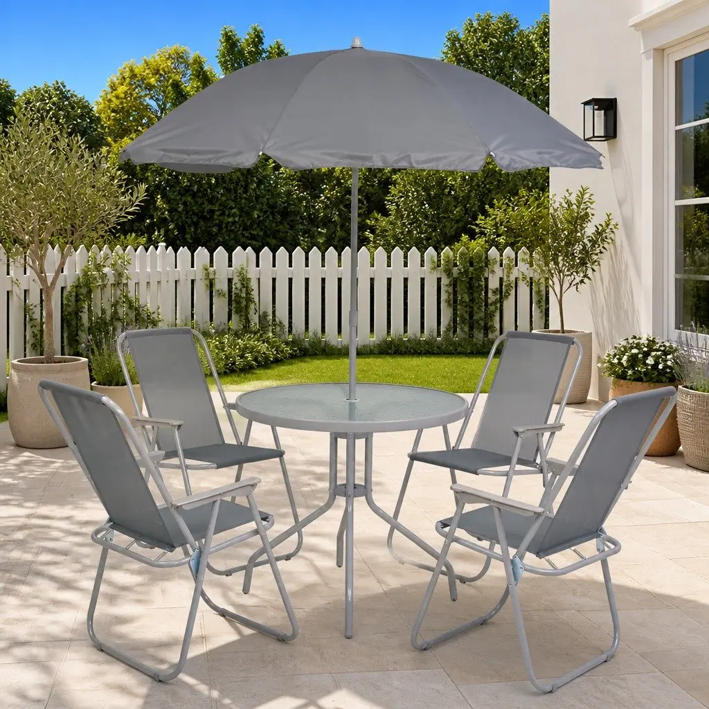 6 Piece Outdoor Dining Set with Chairs Table and Umbrella Grey Garden Furniture