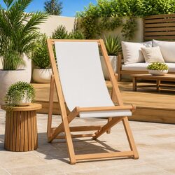 Deck Chair Teak Outdoor Garden Furniture Cream Adjustable Backrest Folding