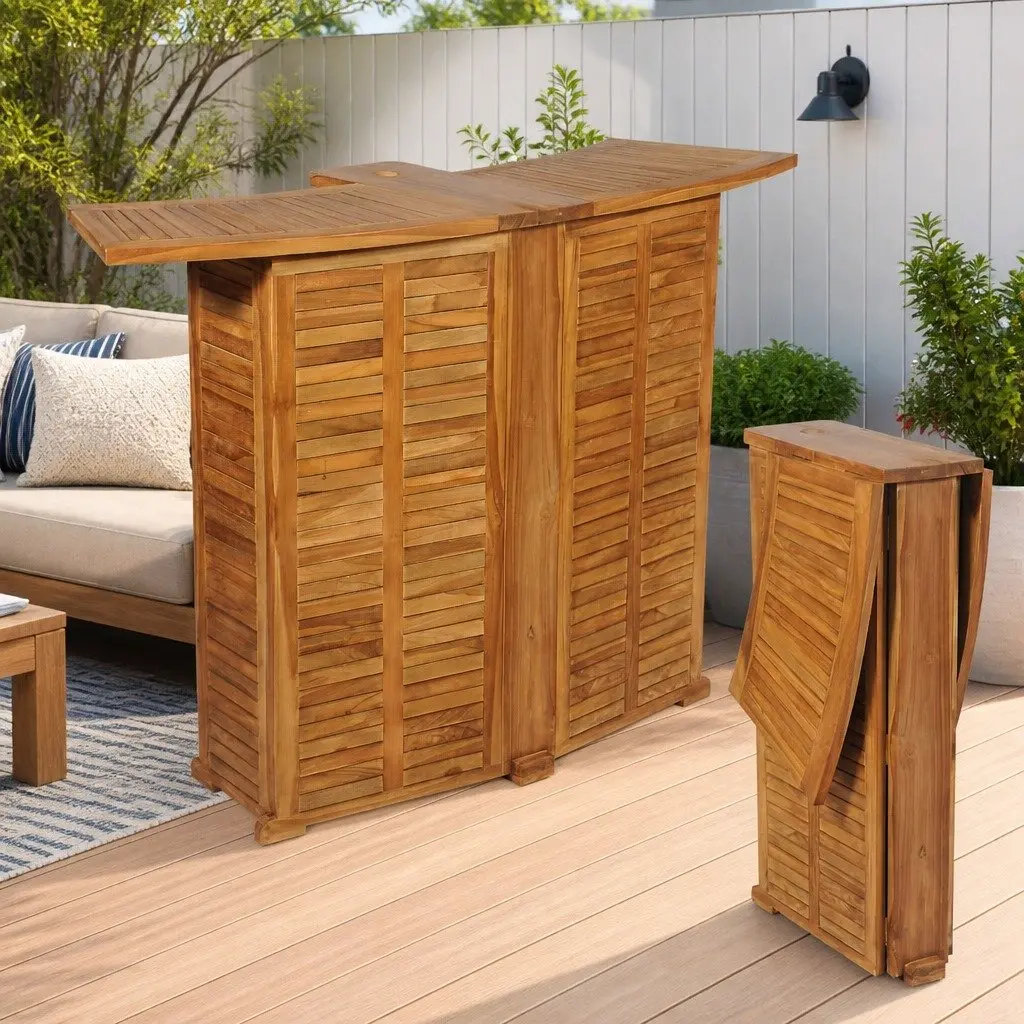 Folding Bar Table Outdoor Garden Teak Wood with Parasol Hole and Bottle Holder