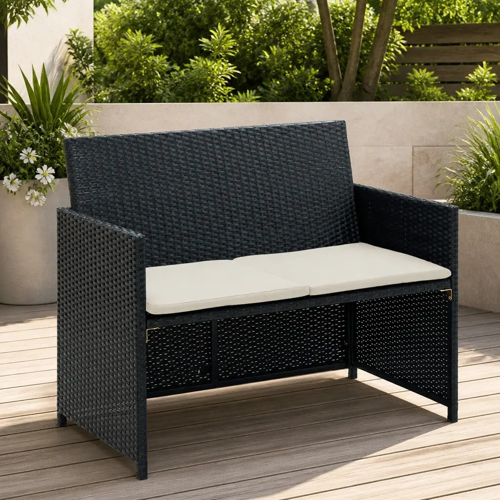 Black Rattan 2-Seater Sofa for Outdoor Garden and Patio with Removable Cushions
