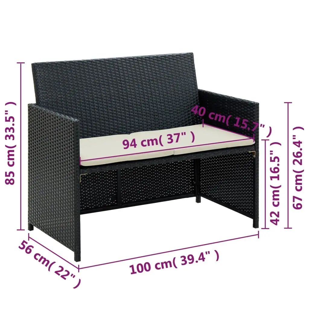 Black Rattan 2-Seater Sofa for Outdoor Garden and Patio with Removable Cushions