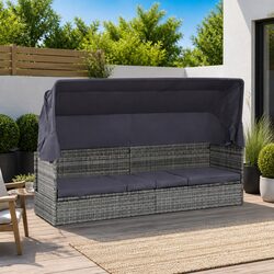 Garden Lounger with Canopy - Grey Poly Rattan - 205 x 62 cm