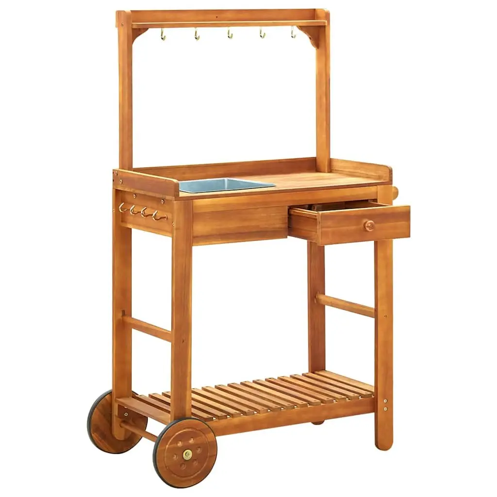 Garden Kitchen Trolley Serving Cart Solid Wood Storage Drawer Shelf Hooks Wheels