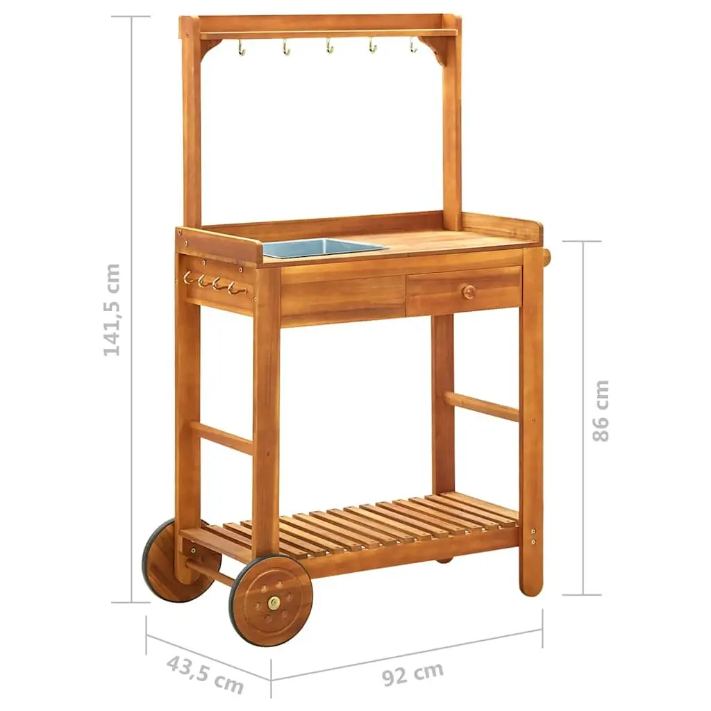 Garden Kitchen Trolley Serving Cart Solid Wood Storage Drawer Shelf Hooks Wheels
