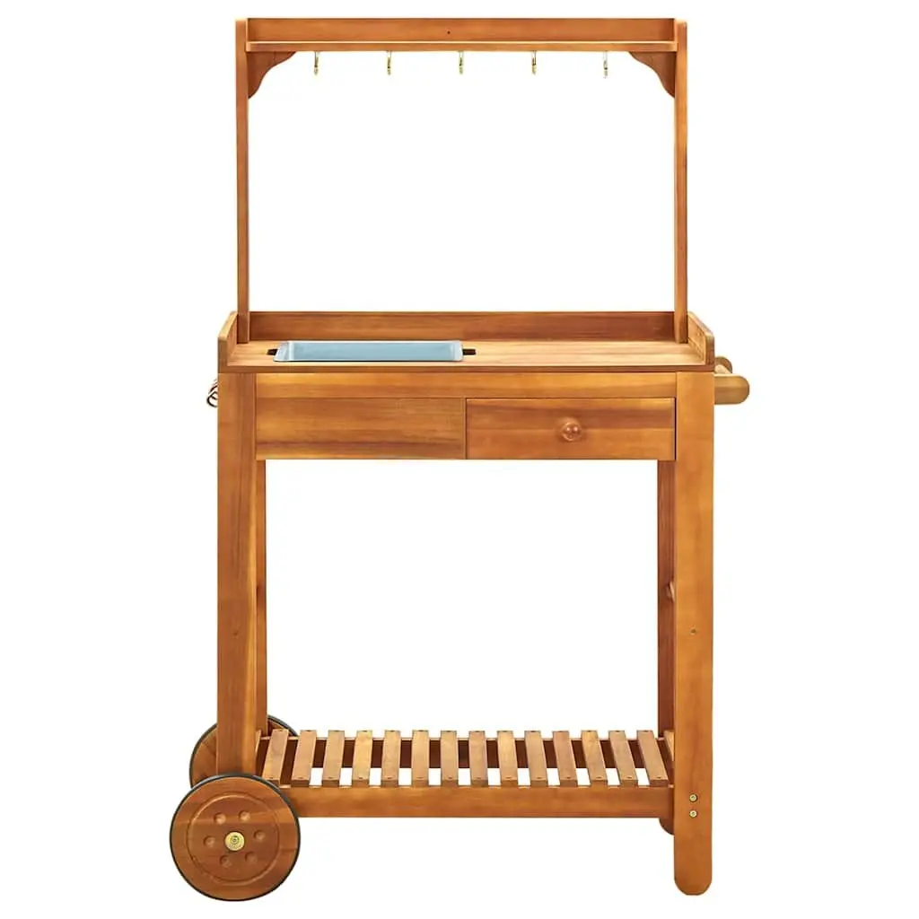 Garden Kitchen Trolley Serving Cart Solid Wood Storage Drawer Shelf Hooks Wheels