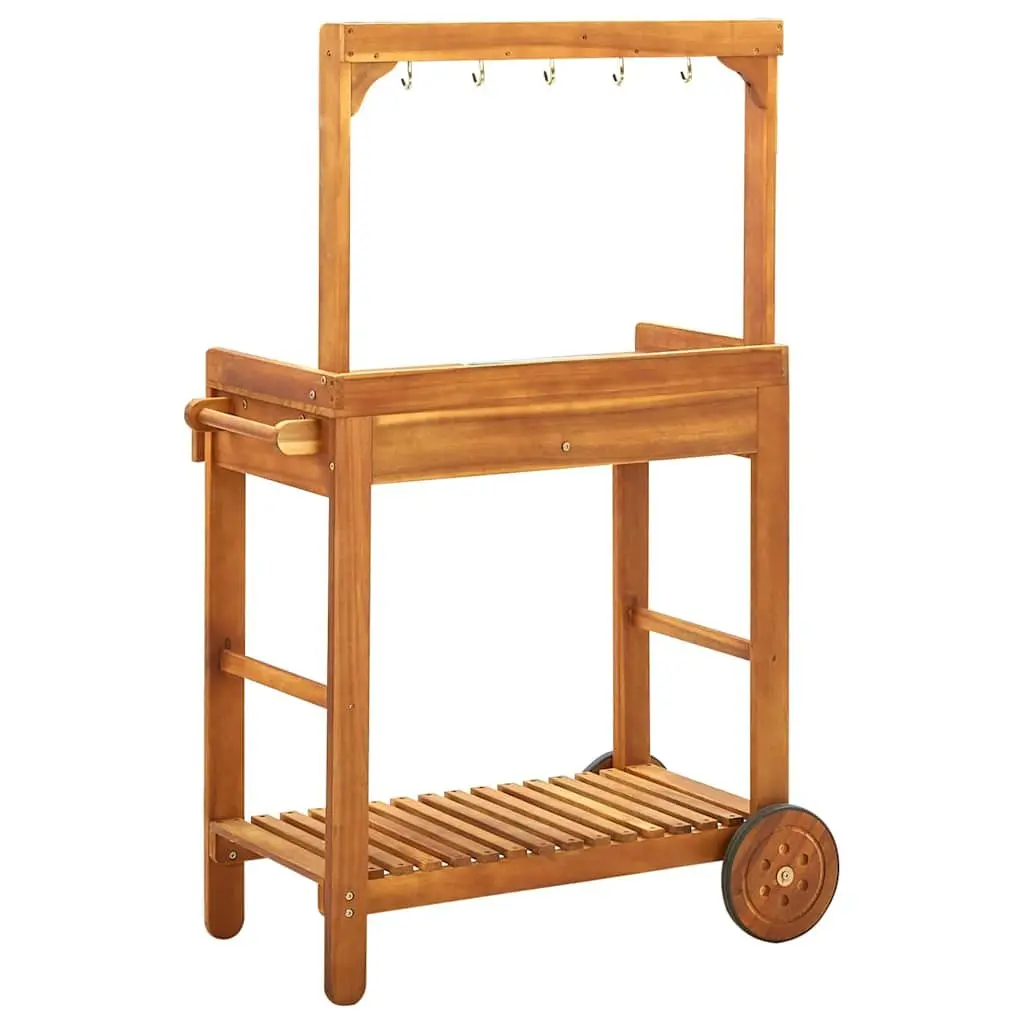 Garden Kitchen Trolley Serving Cart Solid Wood Storage Drawer Shelf Hooks Wheels
