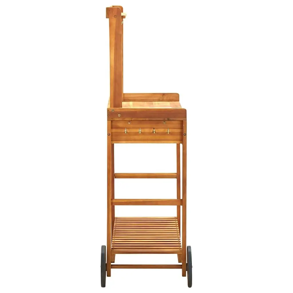 Garden Kitchen Trolley Serving Cart Solid Wood Storage Drawer Shelf Hooks Wheels