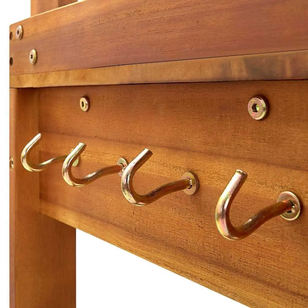 Garden Kitchen Trolley Serving Cart Solid Wood Storage Drawer Shelf Hooks Wheels