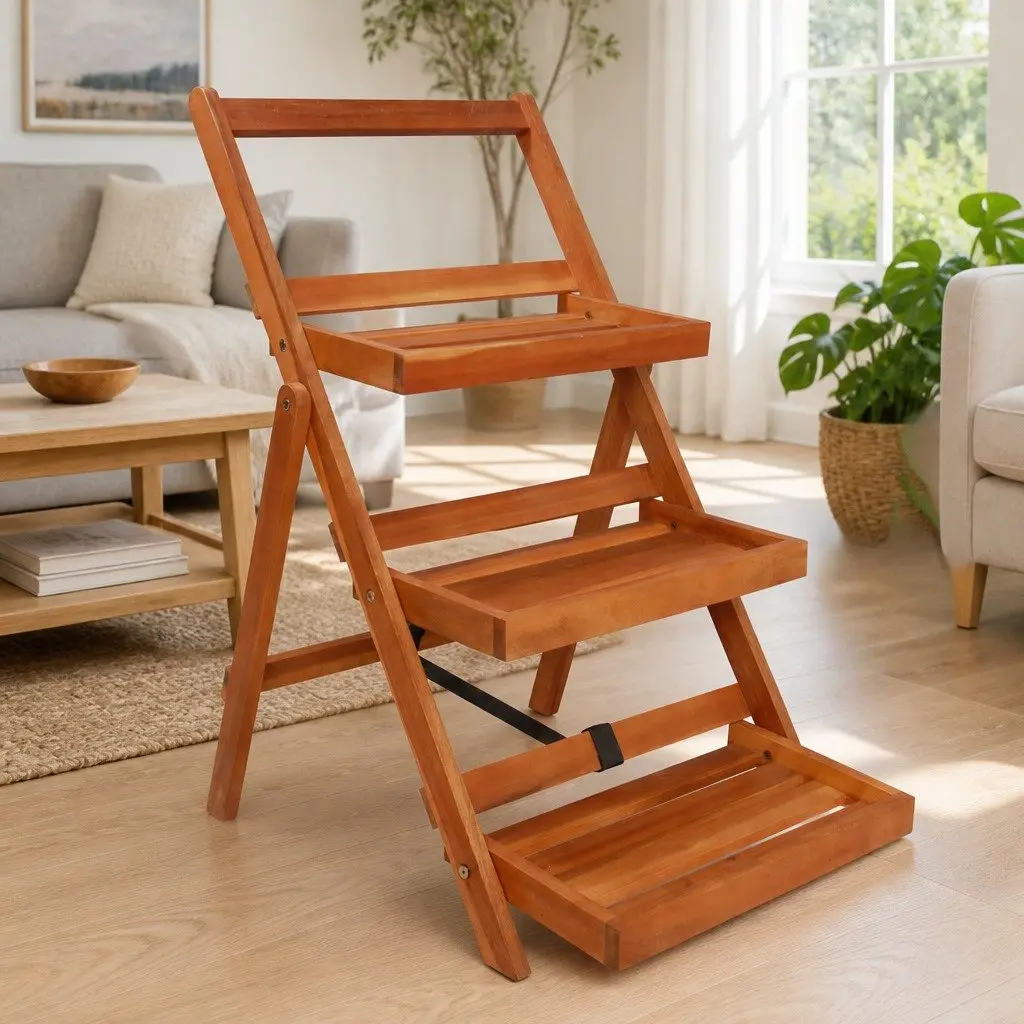 3-Tier Plant Stand Wooden Shelf Display Rack Foldable Garden Home Decor Brown