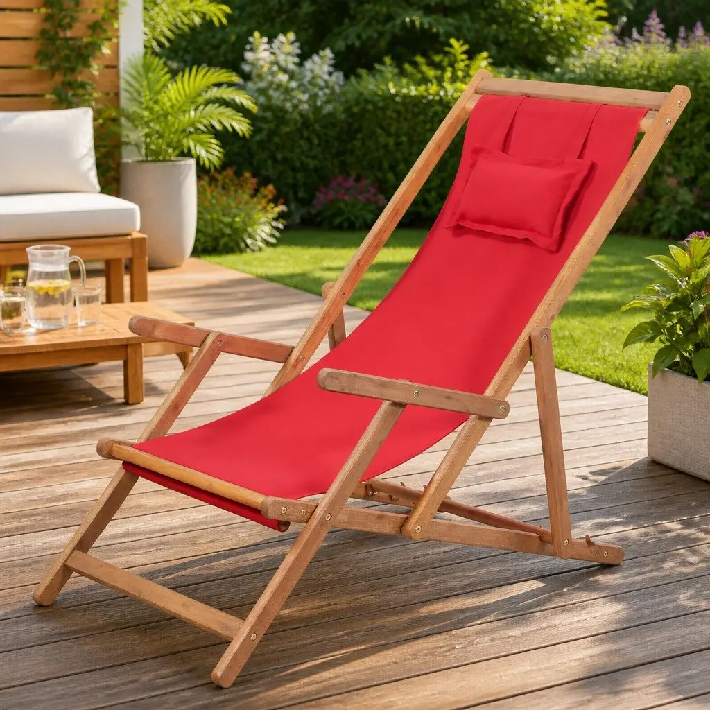 Folding Beach Chair Outdoor Garden Patio Reclining Red Wooden Frame