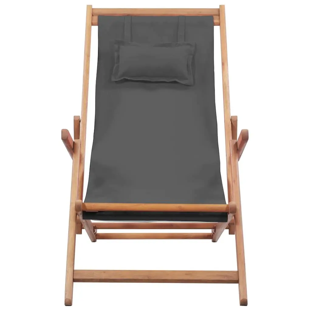 Folding Beach Chair Grey Wooden Frame Reclining Garden Outdoor Seating Patio