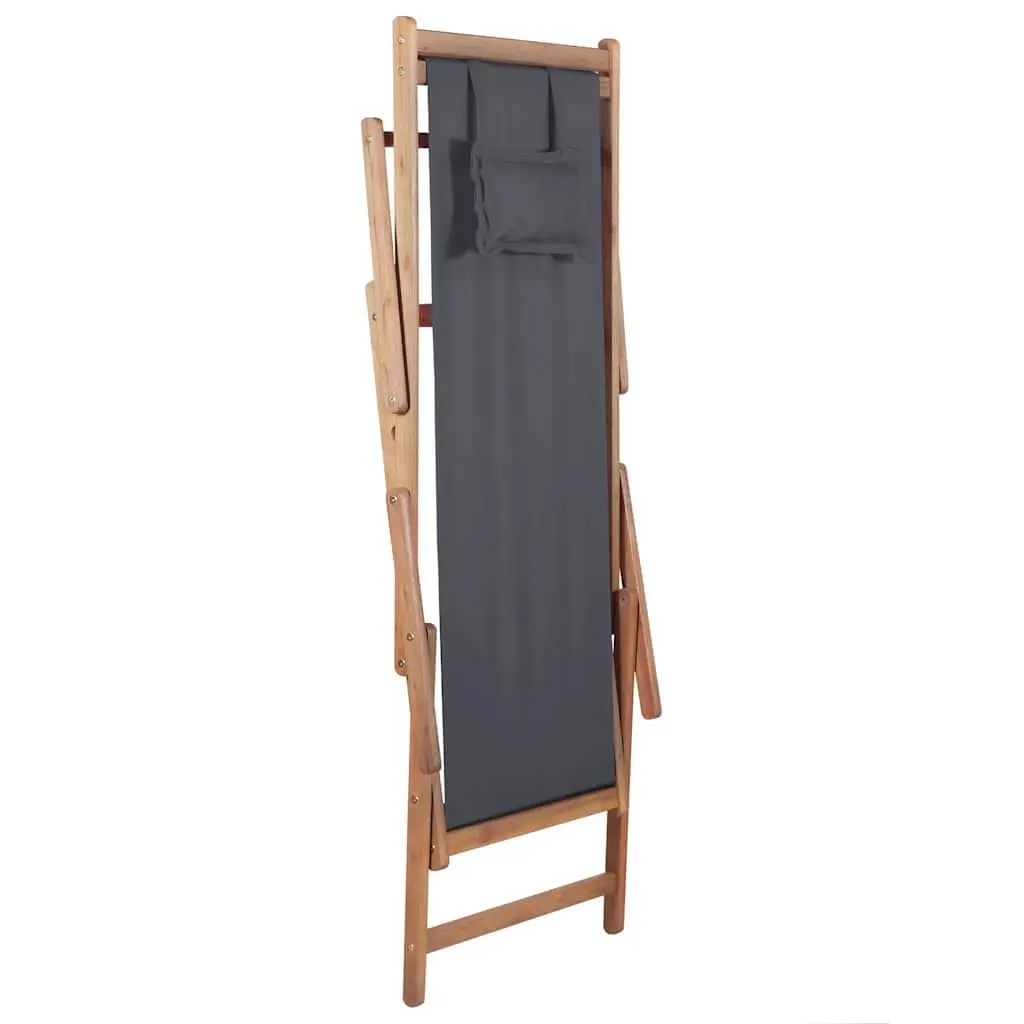 Folding Beach Chair Grey Wooden Frame Reclining Garden Outdoor Seating Patio