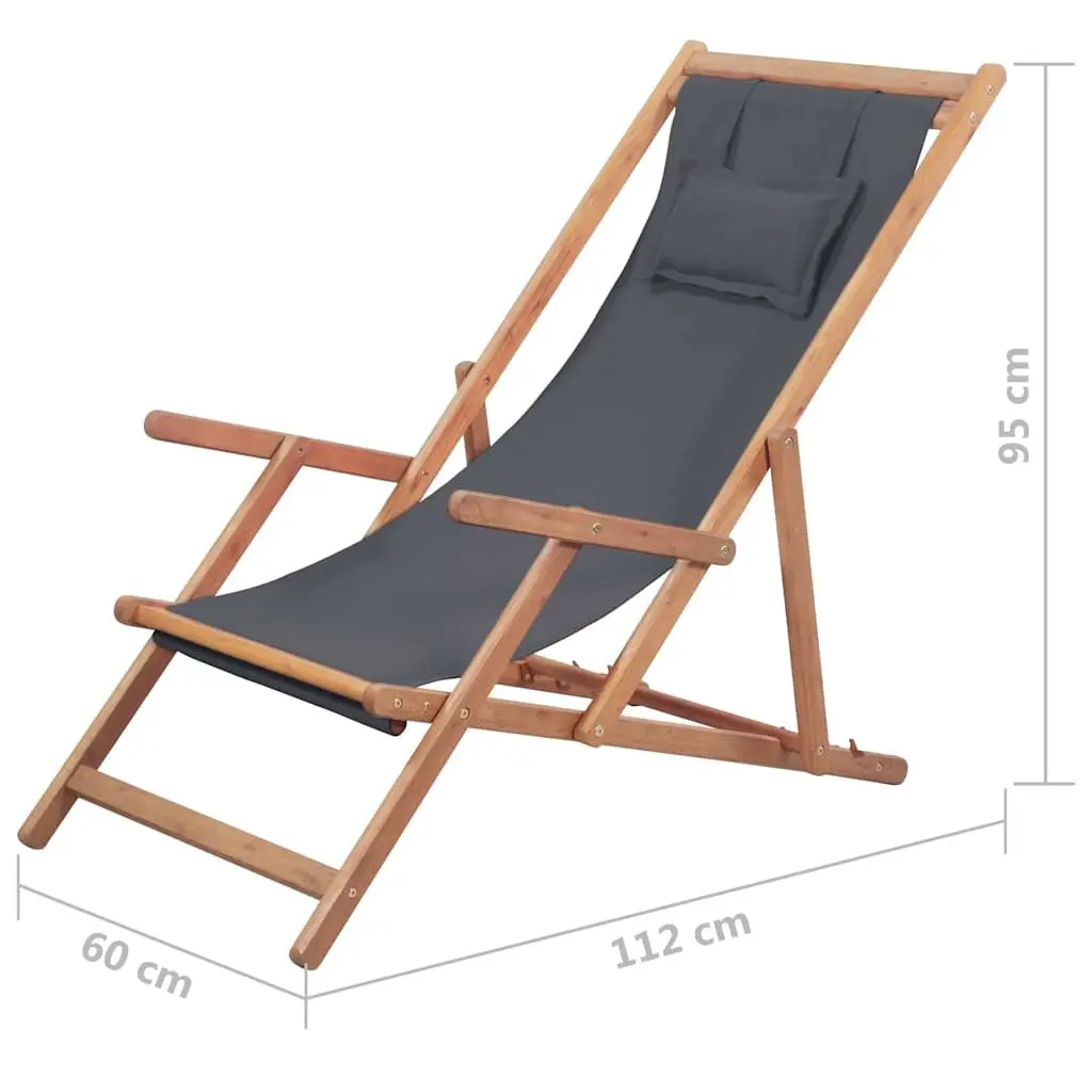 Folding Beach Chair Grey Wooden Frame Reclining Garden Outdoor Seating Patio