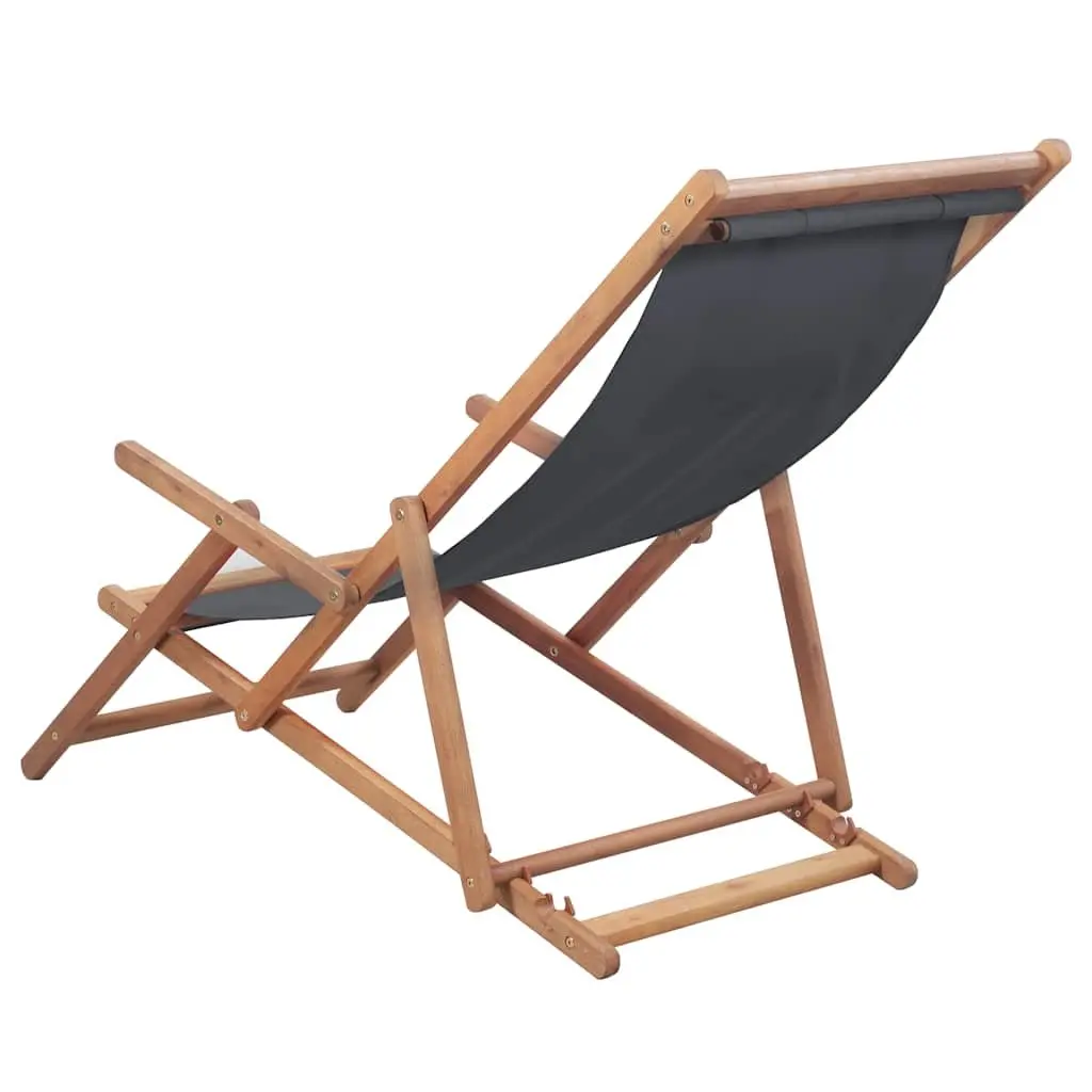 Folding Beach Chair Grey Wooden Frame Reclining Garden Outdoor Seating Patio