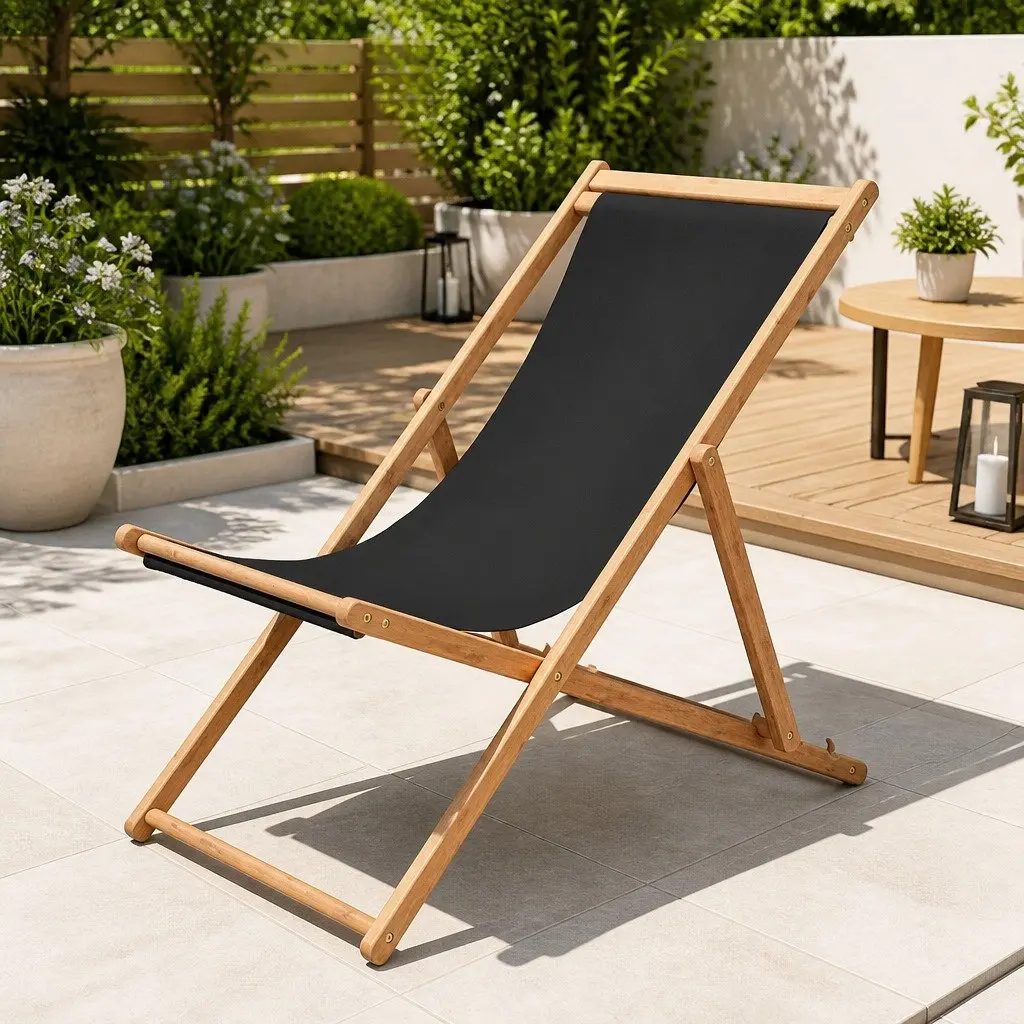 Folding Beach Chair Outdoor Garden Patio Grey Wooden Frame