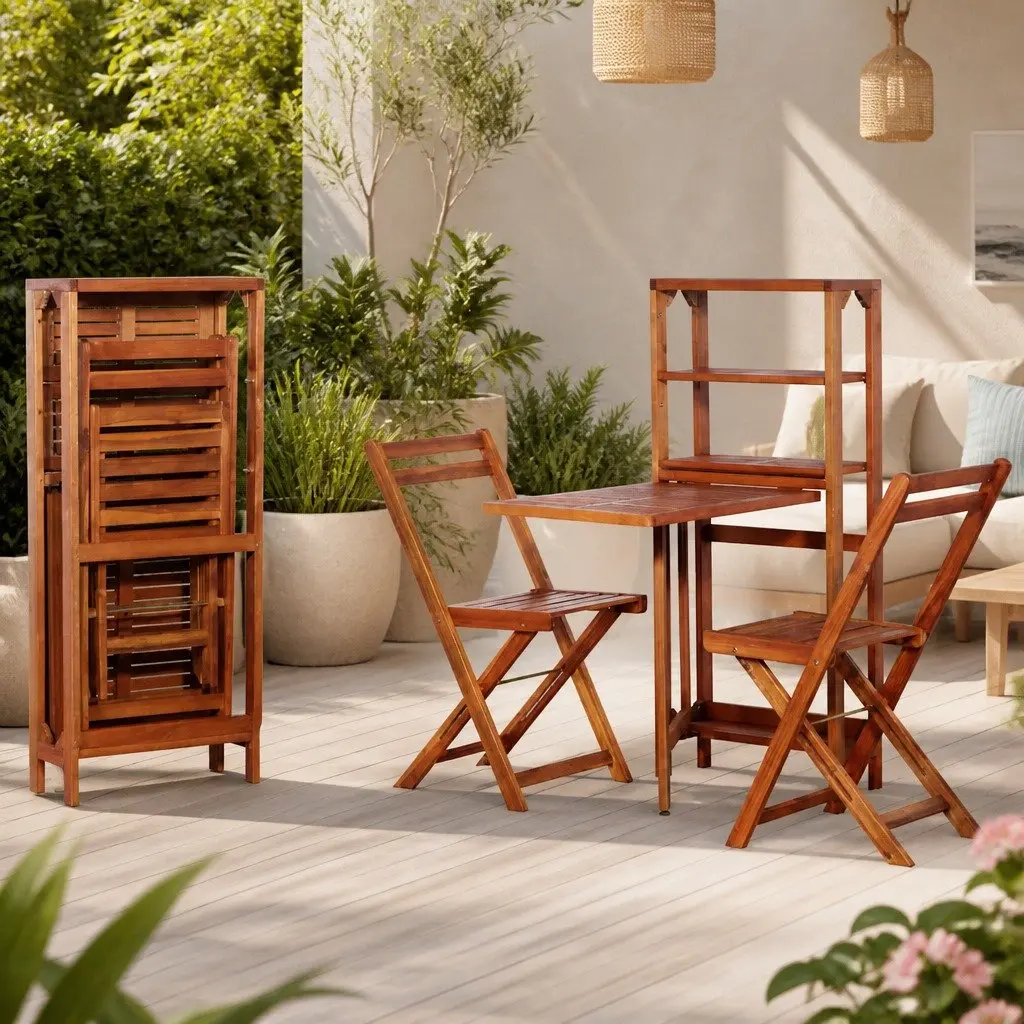 3 Piece Folding Bistro Set with Storage Rack